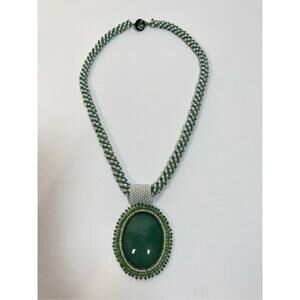 Handcrafted Russian Spiral Green Beaded Necklace with Beaded Cabochon